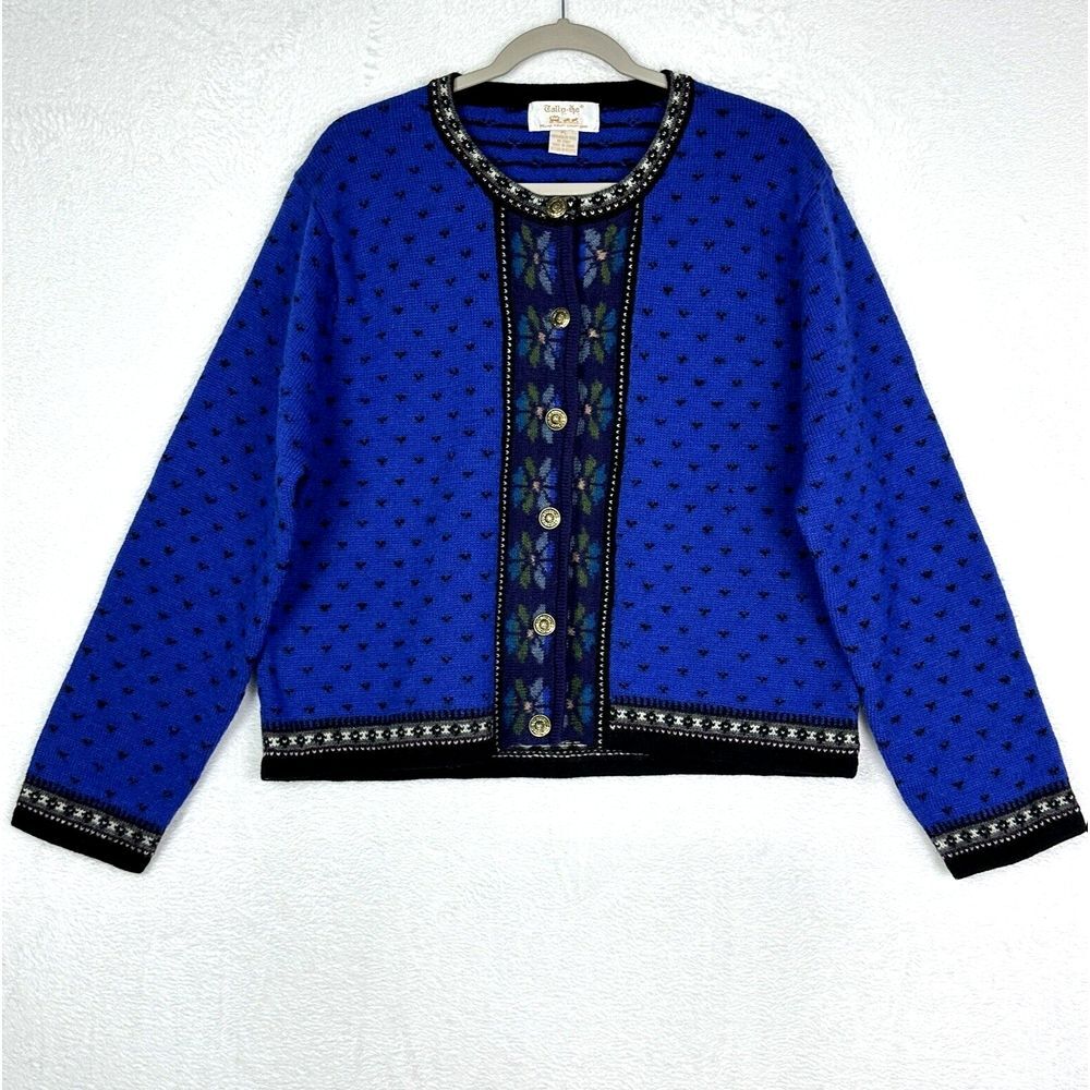 Vintage Tally-Ho Cardigan Petite Large Blue Boiled Wool Fair Isle Sweater